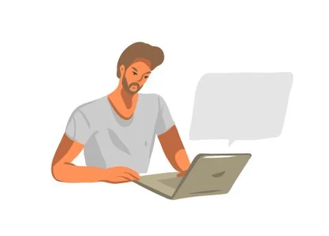 Hand drawn vector abstract stock graphic illustration with young male working or Stock Illustration