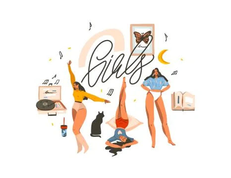 Hand drawn vector abstract stock flat graphic illustration with young happy Stock Illustration