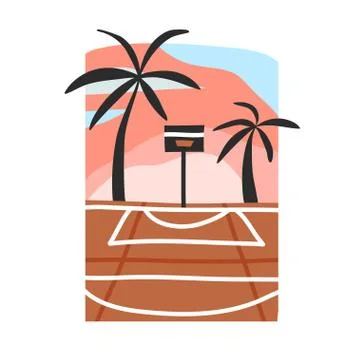 Hand drawn vector abstract stock flat graphic illustration with sundown beach Stock Illustration