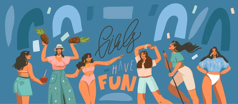 Hand drawn vector abstract stock graphic illustration with young smiling females Stock Illustration