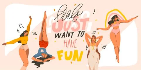 Hand drawn vector abstract stock graphic illustration with young smiling females Stock Illustration