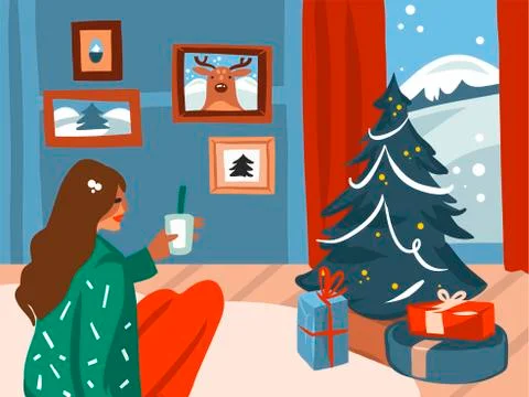 Hand drawn vector abstract stock flat Merry Christmas,and Happy New Year cartoon Stock Illustration