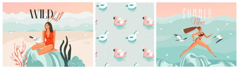 Hand drawn vector abstract stock graphic summer time cartoon, contemporary Illustrazione stock