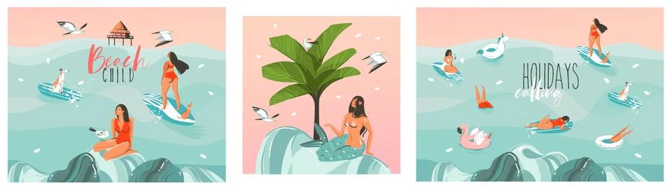 Hand drawn vector abstract stock graphic summer time cartoon, contemporary Stock Illustration