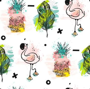 Hand drawn vector abstract summer time fun seamless pattern with pink flamingo Stock Illustration