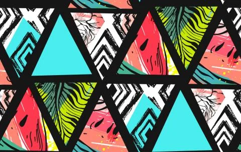 Hand drawn vector abstract summer time collage seamless pattern with watermelon Stock Illustration