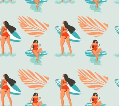 Hand drawn vector abstract summer time seamless pattern with surfers girl in Stock Illustration