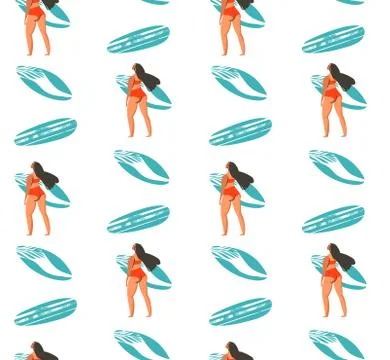 Hand drawn vector abstract summer time seamless pattern with surfers girl in Stock Illustration