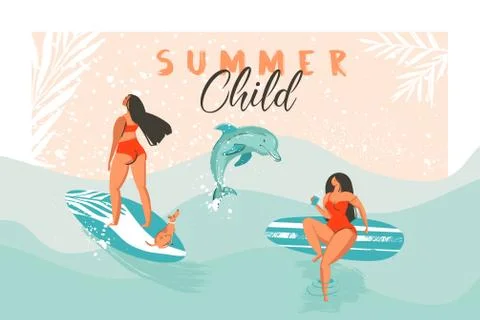 Hand drawn vector abstract summer time funny illustration poster with surfer Stock Illustration