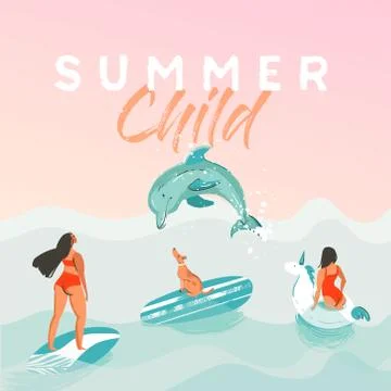 Hand drawn vector abstract summer time funny illustration poster with surfer Stock Illustration