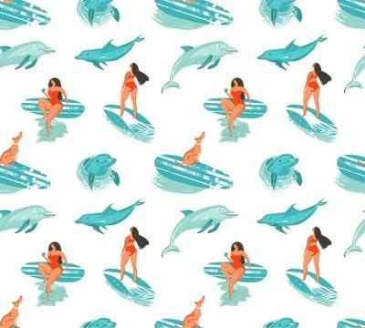 Hand drawn vector abstract summer time fun seamless pattern with surfers girl in Illustrazione stock