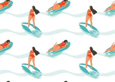 Hand drawn vector abstract summer time seamless pattern with surfers girl in Stock Illustration