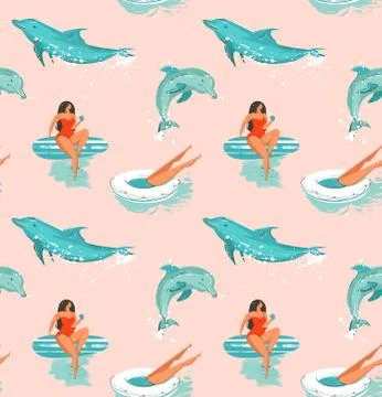 Hand drawn vector abstract summer time fun seamless pattern with surfers girl in Illustrazione stock