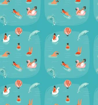 Hand drawn vector abstract summer time fun seamless pattern with swimming happy Stock Illustration