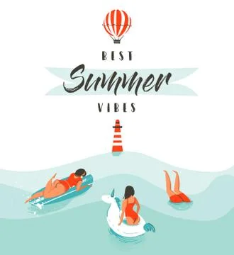 Hand drawn vector abstract summer time fun illustration with swimming happy Stock Illustration
