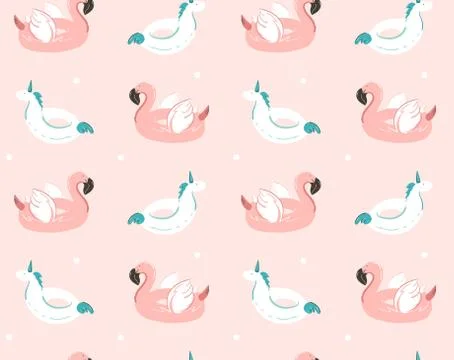 Hand drawn vector abstract summer time fun seamless pattern with pink flamingo Illustrazione stock