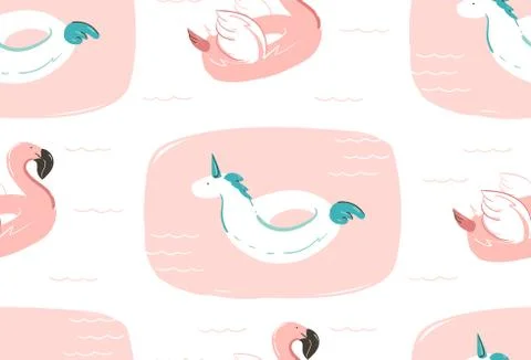 Hand drawn vector abstract summer time fun seamless pattern with pink flamingo Illustrazione stock