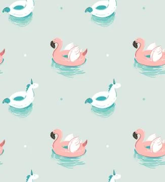 Hand drawn vector abstract summer time fun seamless pattern with pink flamingo Stock Illustration