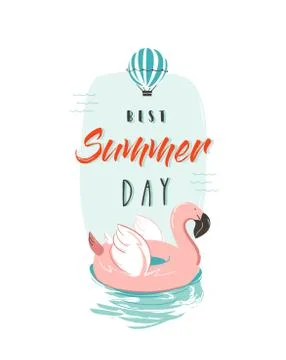 Hand drawn vector abstract summer time fun illustration with pink flamingo buoy Illustrazione stock