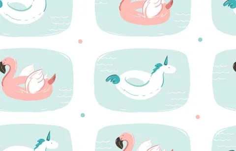 Hand drawn vector abstract summer time fun seamless pattern with pink flamingo Illustrazione stock