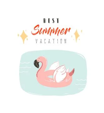 Hand drawn vector abstract summer time fun illustration with pink flamingo buoy Stock Illustration