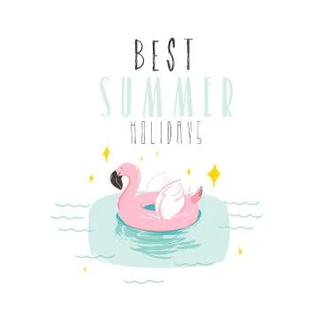 Hand drawn vector abstract summer time fun illustration with pink flamingo buoy Illustrazione stock