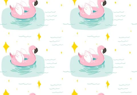 Hand drawn vector abstract summer time fun seamless pattern with pink flamingo Stock Illustration