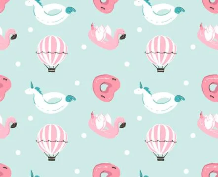 Hand drawn vector abstract summer time fun seamless pattern with pink flamingo Illustrazione stock