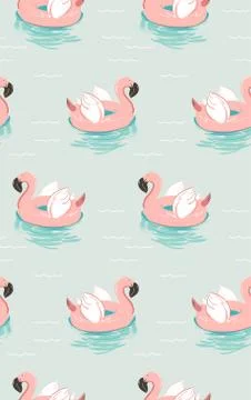 Hand drawn vector abstract summer time fun seamless pattern with pink flamingo Stock Illustration