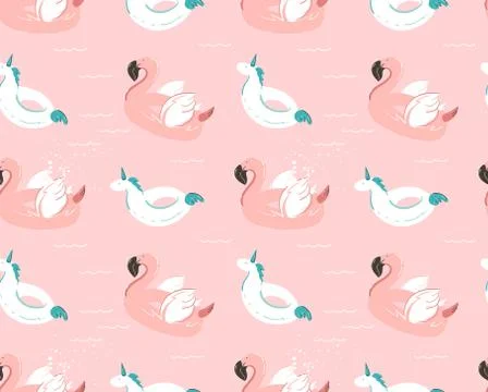 Hand drawn vector abstract summer time fun seamless pattern with pink flamingo Stock Illustration