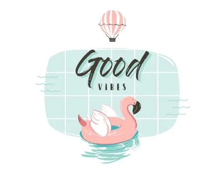 Hand drawn vector abstract summer time fun illustration with pink flamingo buoy Illustrazione stock