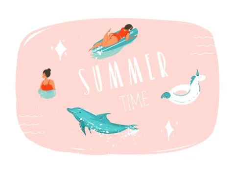 Hand drawn vector abstract summer time fun cartoon illustration with swimming イラスト素材