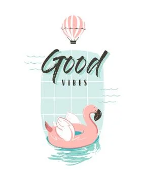 Hand drawn vector abstract summer time fun illustration with pink flamingo buoy Stock Illustration