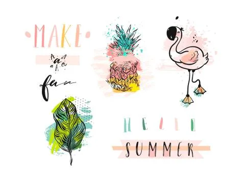 Hand drawn vector abstract summer holiday elements set with pink flamingo Stock Illustration