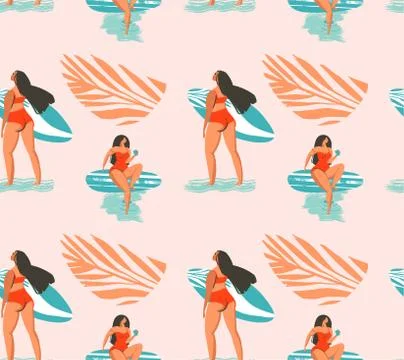 Hand drawn vector abstract summer time seamless pattern with surfers girl in Stock Illustration