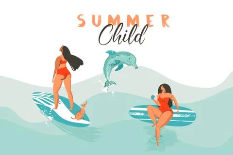 Hand drawn vector abstract summer time funny illustration poster with surfer Stock Illustration