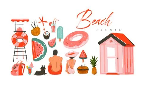 Hand drawn vector abstract Summer time illustrations collection set with boy and Stock Illustration