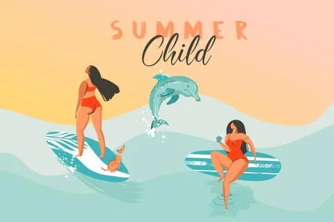 Hand drawn vector abstract summer time funny illustration poster with surfer Stock Illustration