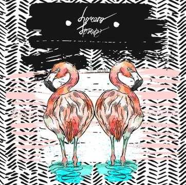 Hand drawn vector abstract summer card with mirror reflection of flamingo,zig イラスト素材