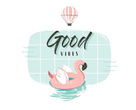 Hand drawn vector abstract summer time fun illustration with pink flamingo buoy Stock Illustration