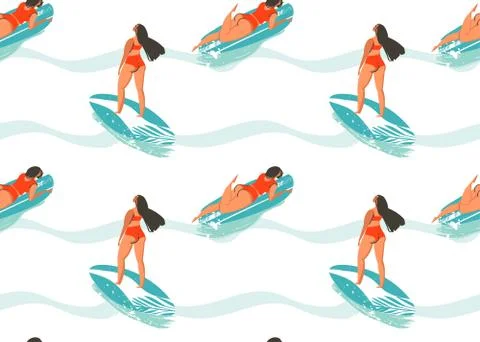 Hand drawn vector abstract summer time seamless pattern with surfers girl in Stock Illustration