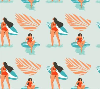 Hand drawn vector abstract summer time seamless pattern with surfers girl in Stock Illustration