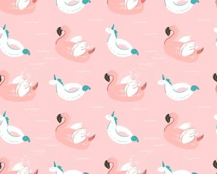 Hand drawn vector abstract summer time fun seamless pattern with pink flamingo Stock Illustration