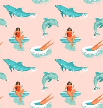 Hand drawn vector abstract summer time fun seamless pattern with surfers girl in Illustrazione stock
