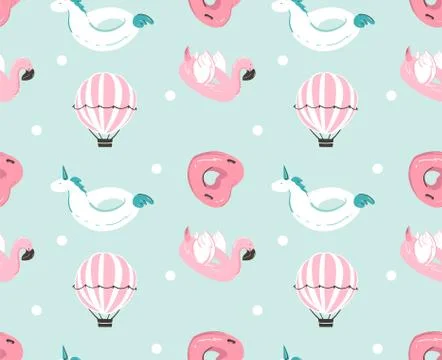 Hand drawn vector abstract summer time fun seamless pattern with pink flamingo Illustrazione stock