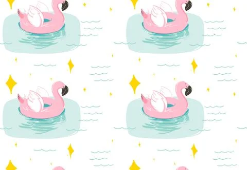 Hand drawn vector abstract summer time fun seamless pattern with pink flamingo Illustrazione stock