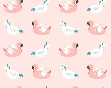 Hand drawn vector abstract summer time fun seamless pattern with pink flamingo Illustrazione stock
