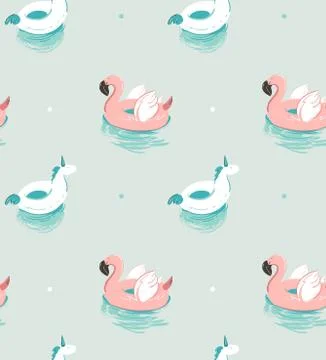 Hand drawn vector abstract summer time fun seamless pattern with pink flamingo Illustrazione stock
