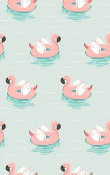 Hand drawn vector abstract summer time fun seamless pattern with pink flamingo Illustrazione stock