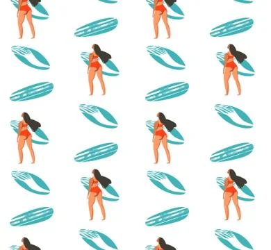 Hand drawn vector abstract summer time seamless pattern with surfers girl in Stock Illustration